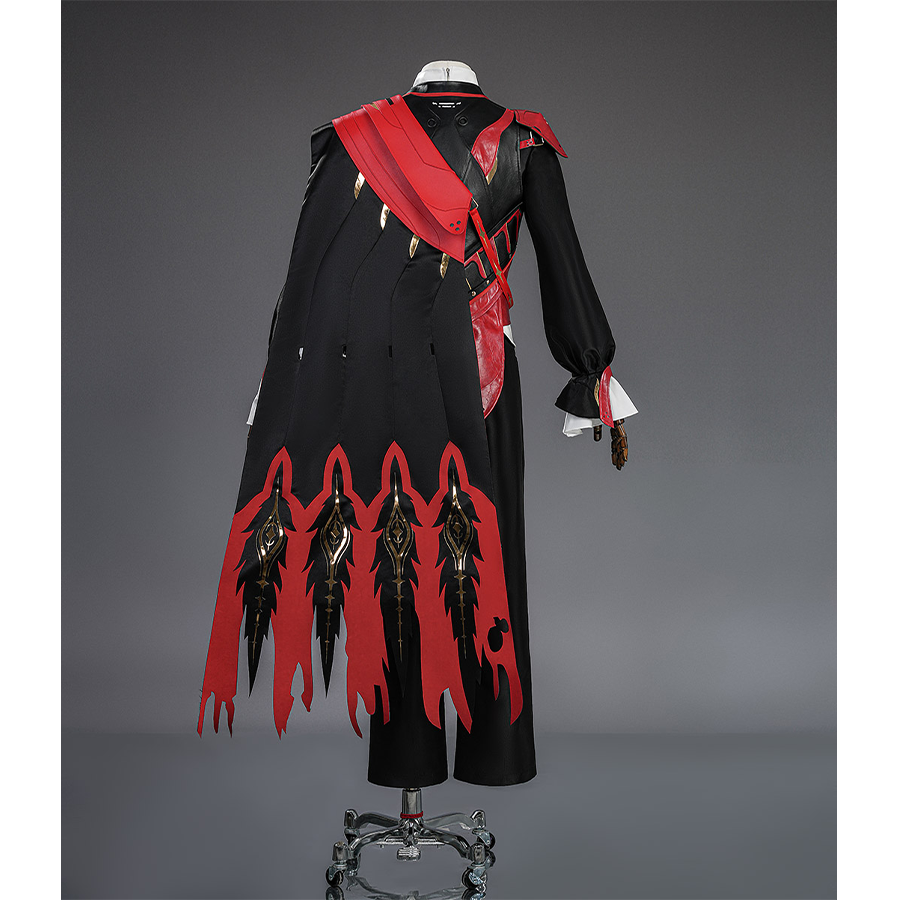 Cristoforo cosplay costume back view with red cape and flame pattern details on black coat, full length rear display look