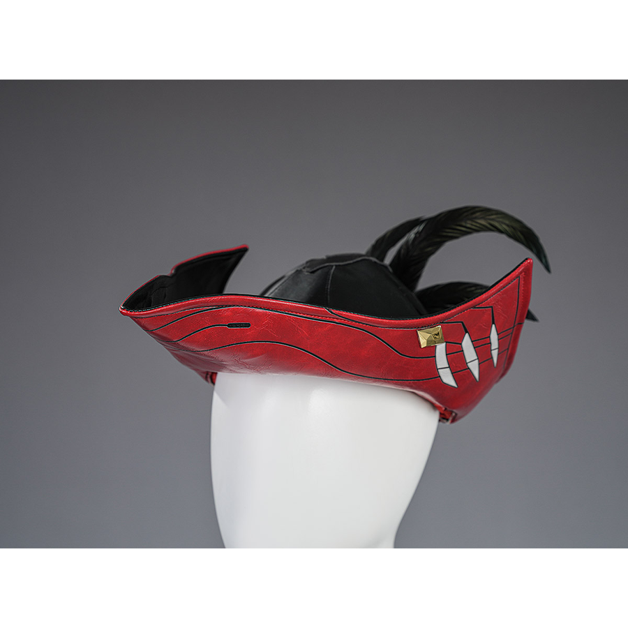 Cristoforo cosplay costume cap accessory with red black feathers, gold crest, silver teeth details, ornate headpiece view