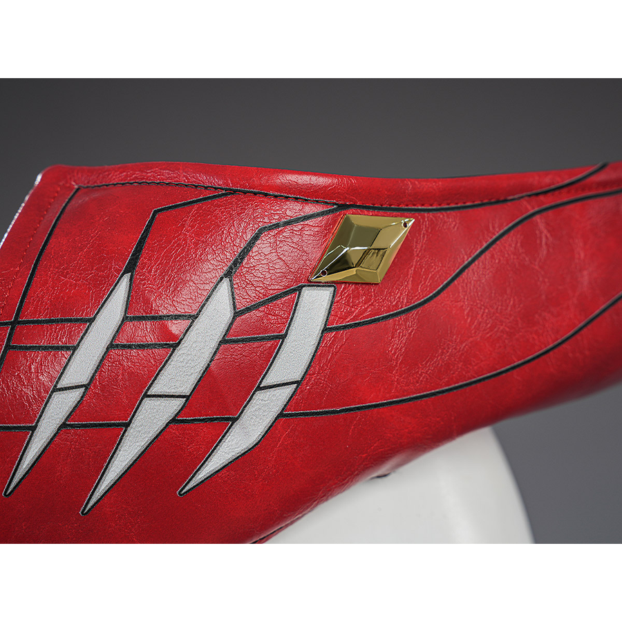 Cristoforo cosplay costume cap detail with silver teeth slashes on red leather, gold diamond emblem, black trim edges
