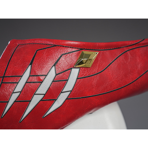 Cristoforo cosplay costume cap detail with silver teeth slashes on red leather, gold diamond emblem, black trim edges