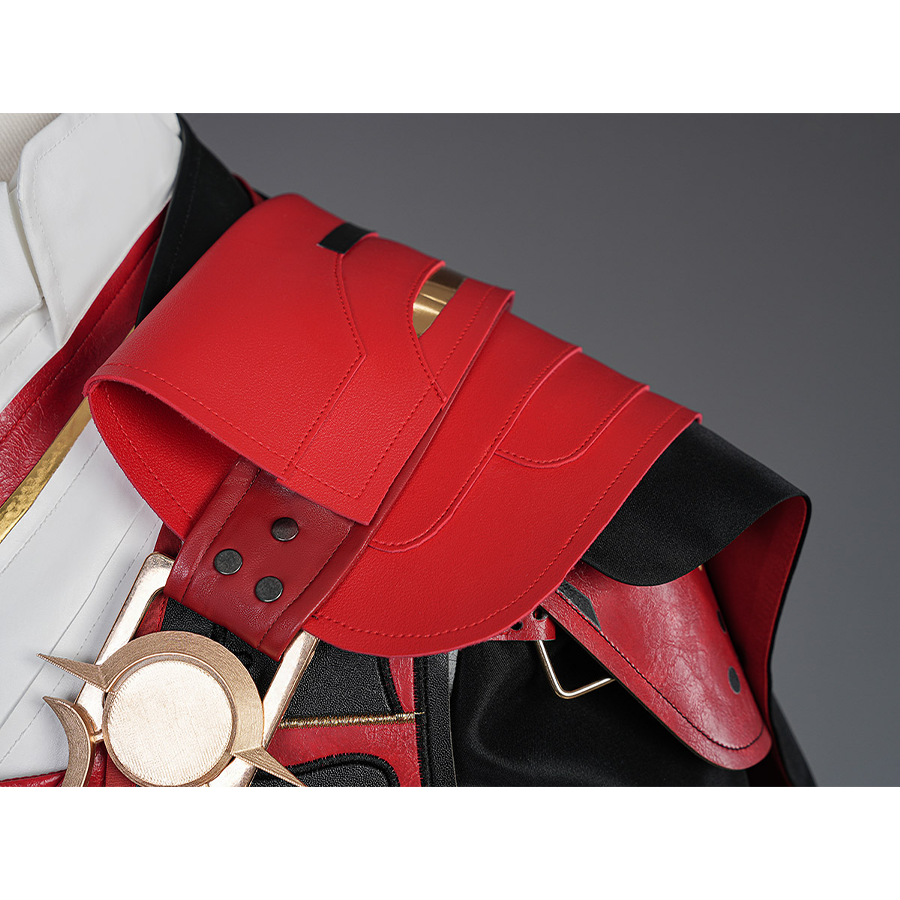 Cristoforo cosplay costume red cape cloak detail with layered design, metal buttons, gold accent clasp, shoulder piece view