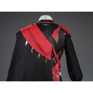 Cristoforo cosplay costume cloak back view with red diagonal straps, black coat, gold accents, shoulder design showcase