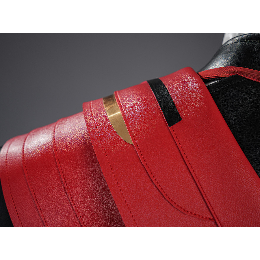 Cristoforo cosplay costume cloak decoration detail with red layered leather panels, gold accent strip, black trim borders
