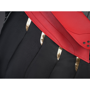 Cristoforo cosplay costume cloak golden decoration with red leather overlay, metal studs, black coat, elegant trim design