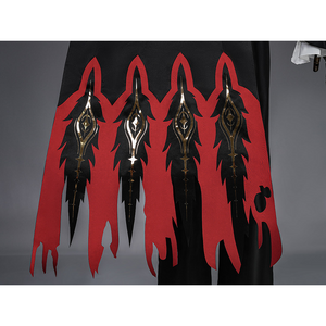 Cristoforo cosplay costume cloak hem with red black flame patterns, gold silver ornate details, dramatic layered design