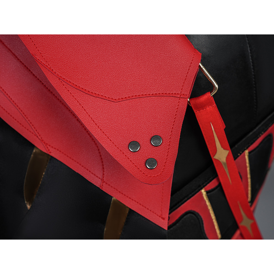 Cristoforo cosplay costume cloak metal clasp decoration with red panels, silver studs, gold lightning design closeup