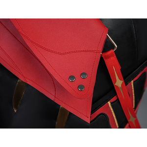 Cristoforo cosplay costume cloak metal clasp decoration with red panels, silver studs, gold lightning design closeup