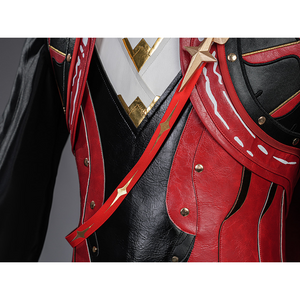 Cristoforo cosplay costume cloak strap detail with red leather belt, metal studs, white accent lines, chest attachment view