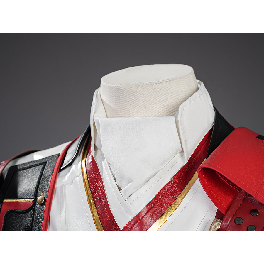 Cristoforo cosplay costume collar detail with white high neck, red V-trim, gold accents, shoulder armor close-up display
