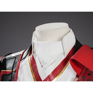 Cristoforo cosplay costume collar detail with white high neck, red V-trim, gold accents, shoulder armor close-up display