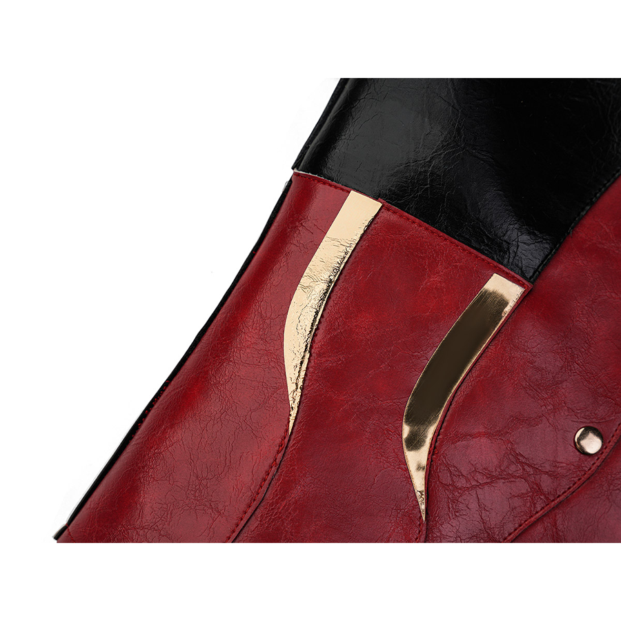 Cristoforo cosplay costume golden embellishment with red leather panel, curved gold metal strip, textured surface closeup