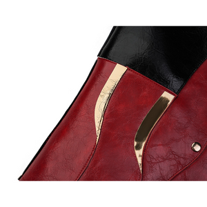 Cristoforo cosplay costume golden embellishment with red leather panel, curved gold metal strip, textured surface closeup