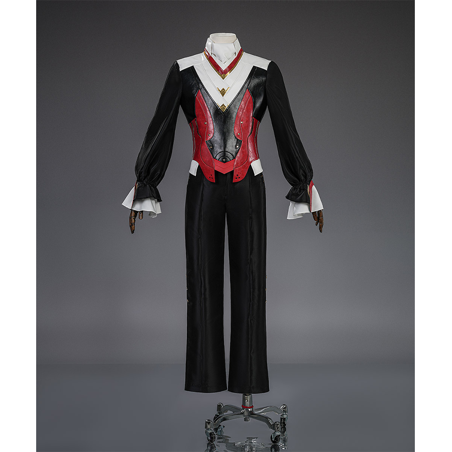 Cristoforo cosplay costume inner suit without cloak, red vest armor over black shirt and pants, white collar cuffs view