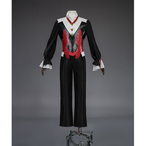 Cristoforo cosplay costume inner suit without cloak, red vest armor over black shirt and pants, white collar cuffs view