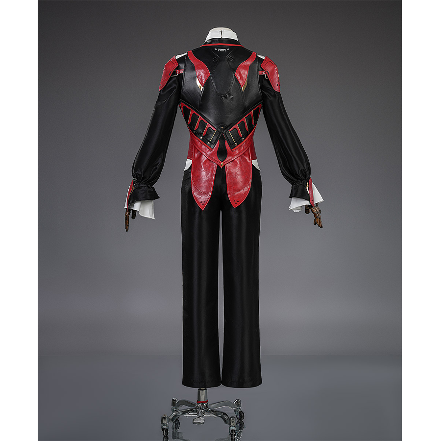 Cristoforo cosplay costume inner suit back view with red armor straps, black shirt pants, white collar cuffs, V design