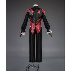 Cristoforo cosplay costume inner suit back view with red armor straps, black shirt pants, white collar cuffs, V design