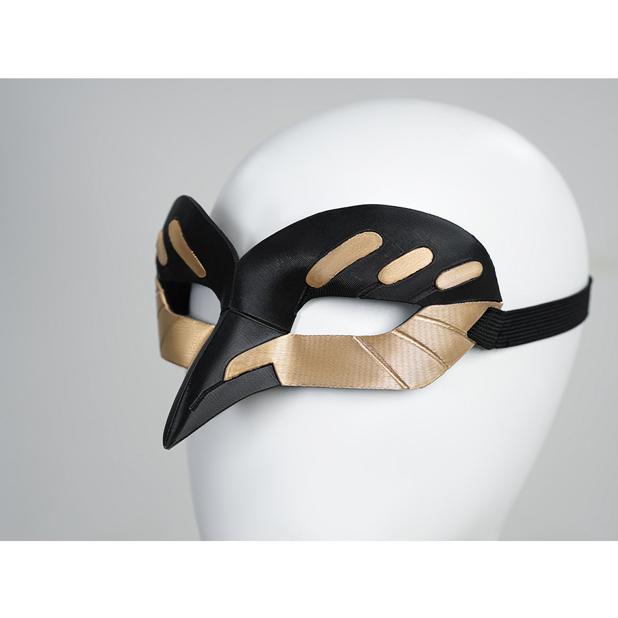 Cristoforo cosplay costume mask accessory with black leather, gold accent stripes, cat-like nose, elastic band design