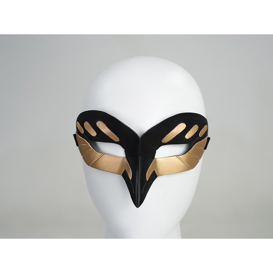 Cristoforo cosplay costume mask front view with black bird beak design, gold wing accents, eye openings, elegant style