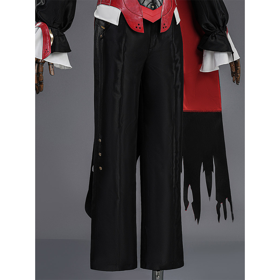 Cristoforo cosplay costume black pants with white flame patterns on hem, tailored fit, elegant lower garment design detail