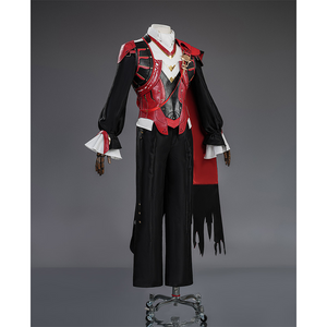Cristoforo cosplay costume right side view showing red armor details, black sleeves and pants, white cuffs and cape