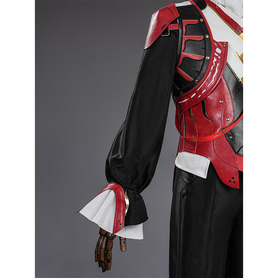 Cristoforo cosplay costume black sleeves with white cuffs, red shoulder armor piece, flowing fabric, detailed arm design