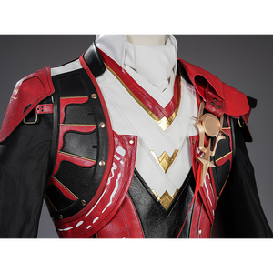 Cristoforo cosplay costume chest armor detail with red black leather pieces, shoulder straps, white front, gold V-emblem
