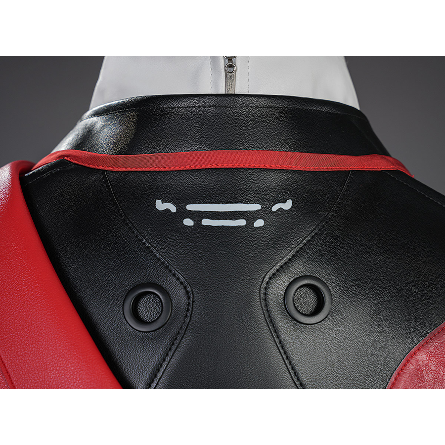 Cristoforo cosplay costume top back detail with black leather, white symbol embroidery, red trim, circular button accents