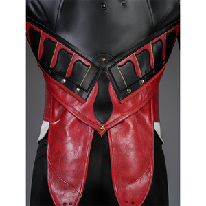 Cristoforo cosplay costume top back waist with red leather panels, black geometric trim, gold V-center, metal studs accent