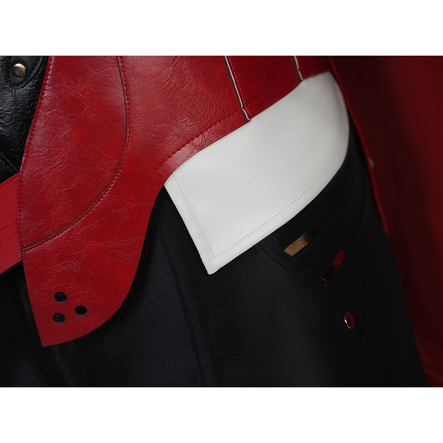 Cristoforo cosplay costume top hem with red vest, white collar edge, black coat, small stud accents, layered design