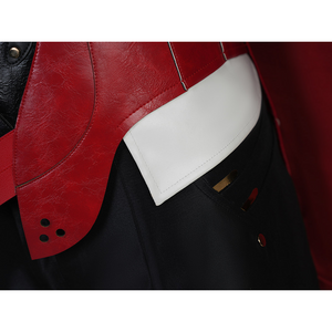 Cristoforo cosplay costume top hem with red vest, white collar edge, black coat, small stud accents, layered design