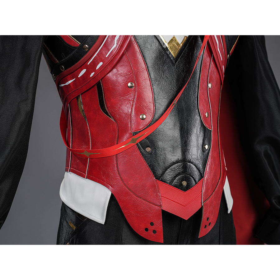 Cristoforo cosplay costume top waist area with red black geometric panels, white cuffs, metal studs, intricate detailing