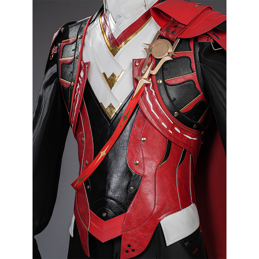 Cristoforo cosplay costume upper body close-up with red black armor details, gold accents, white collar and chest piece view
