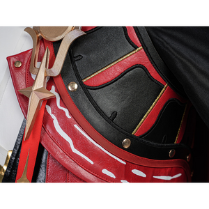 Cristoforo cosplay costume vest armor detail with red black leather, gold trim edges, metal snaps, intricate craftsmanship