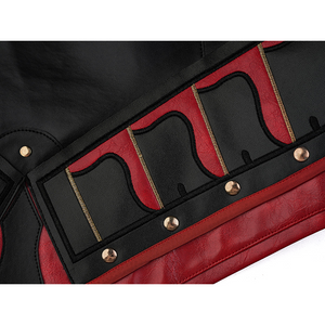 Cristoforo cosplay costume vest armor detail with red black wavy panels, gold trim, bronze studs, intricate geometric cuts