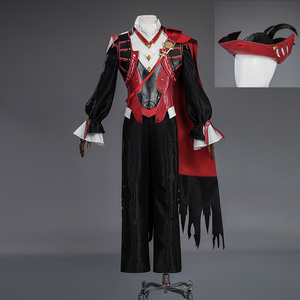 Cristoforo cosplay costume with cap displayed showing full outfit and hat accessory, white collar, red vest, black outfit