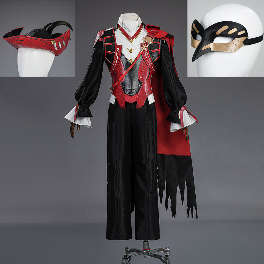 Full Cristoforo cosplay costume with red and black outfit, dramatic cape, white collar and cuffs, elegant gaming character attire