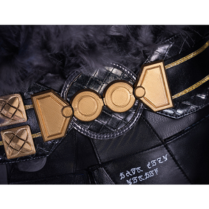Wuthering Waves Gabrielle Cosplay Costume, black PU leather belt with gold belt buckle, back view.
