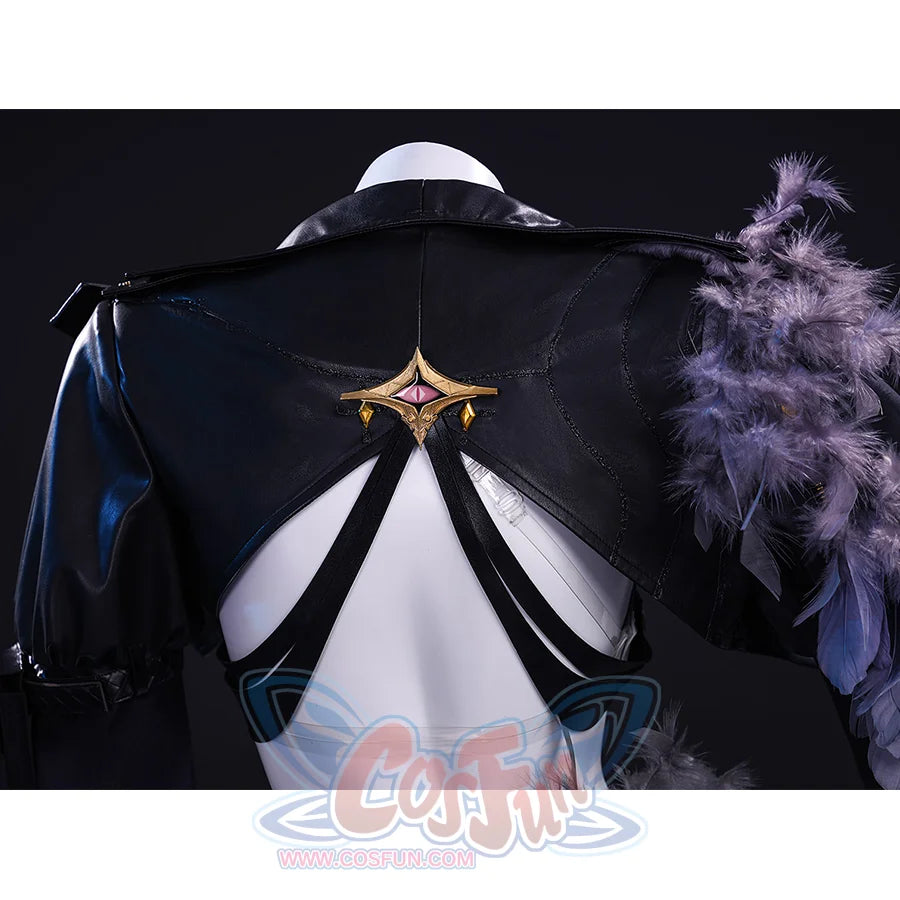 Wuthering Waves Gabrielle Cosplay Costume, the back is adorned with gold  ornaments and black ribbons.