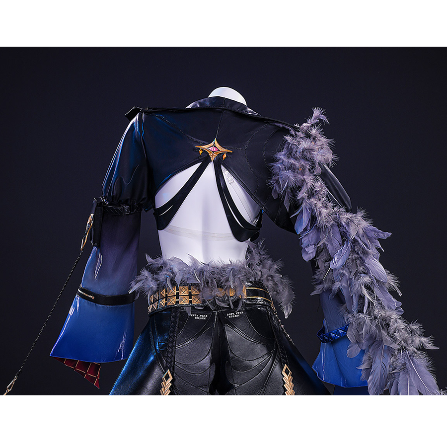 Wuthering Waves Gabrielle Cosplay Costume, black and deep blue outfit with gray feather decorations, back view.