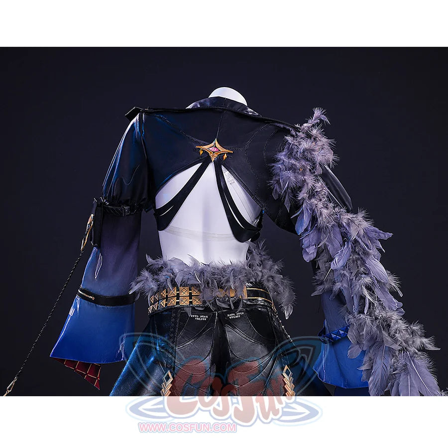 Wuthering Waves Gabrielle Cosplay Costume, black and deep blue outfit with gray feather decorations, back view.