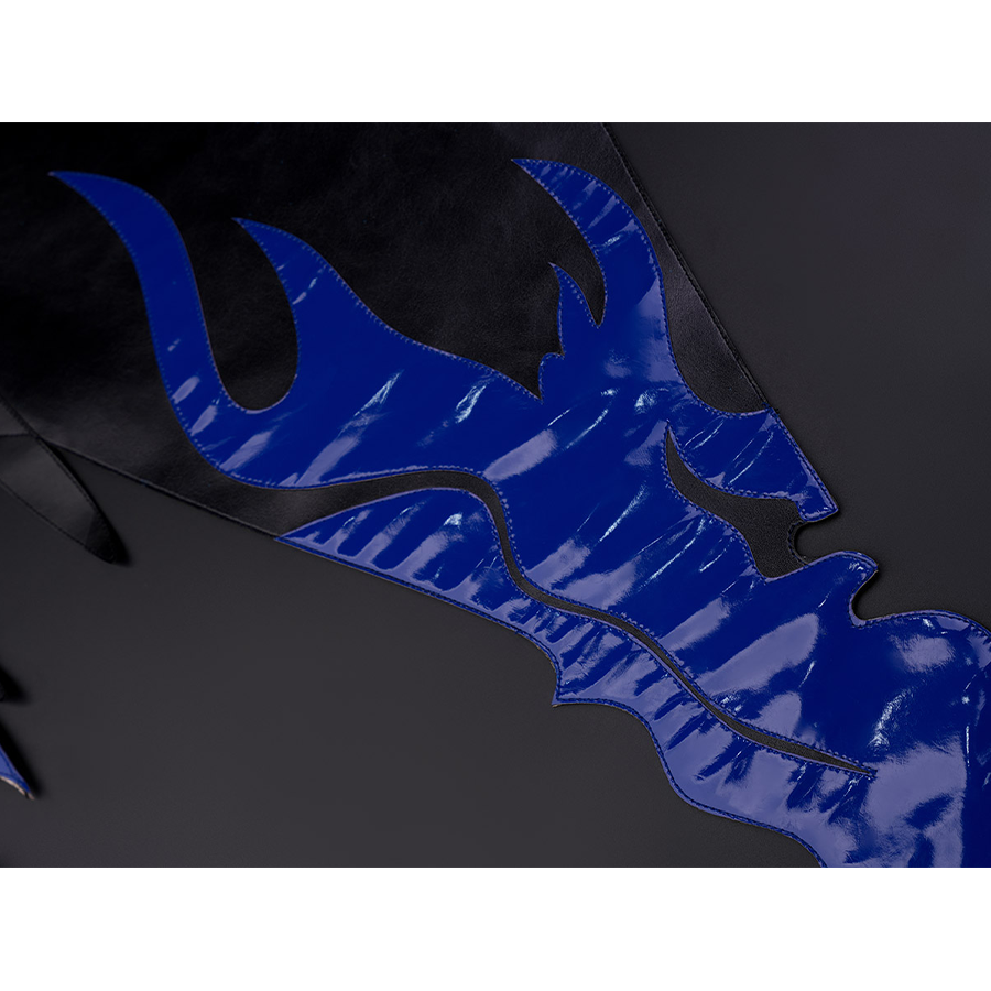 Wuthering Waves Gabrielle Cosplay Costume, deep blue flame gradient back drapes, back view of shorts.