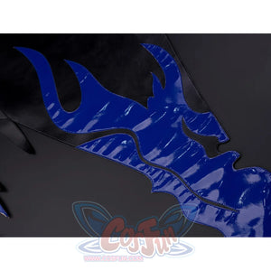 Wuthering Waves Gabrielle Cosplay Costume, deep blue flame gradient back drapes, back view of shorts.