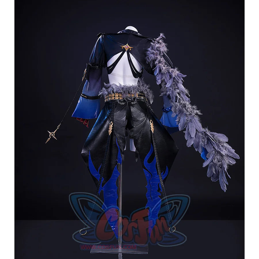 Wuthering Waves Gabrielle Cosplay Costume, black and deep blue outfit with gold decorations, front view.
