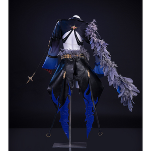 Wuthering Waves Gabrielle Cosplay Costume, black and deep blue outfit with gray feather decorations, back view.