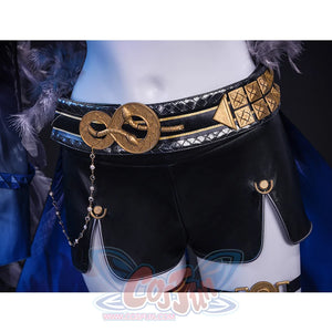 Wuthering Waves Gabrielle Cosplay Costume, high-waisted black shorts with gold belt buckle.