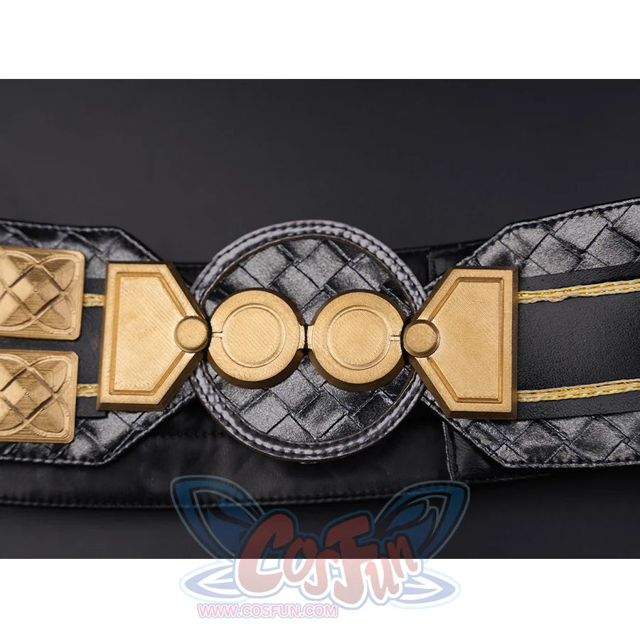 Wuthering Waves Gabrielle Cosplay Costume, black PU leather belt with gold belt buckle.