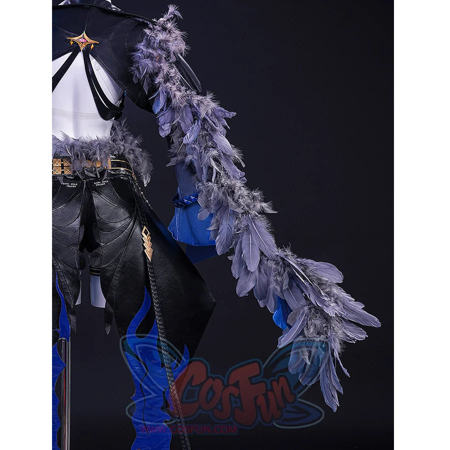 Wuthering Waves Gabrielle Cosplay Costume, black and deep blue outfit with feather decoration.