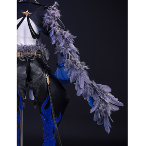Wuthering Waves Gabrielle Cosplay Costume, black and deep blue outfit with feather decoration.