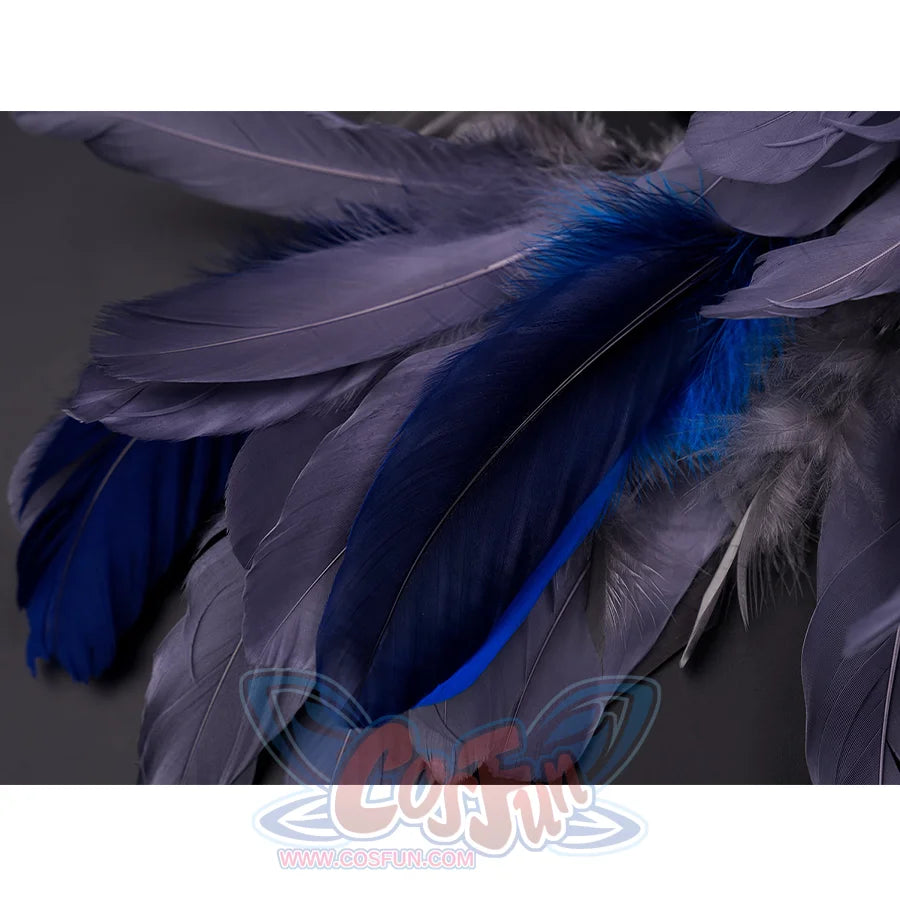 Wuthering Waves Gabrielle Cosplay Costume, mostly gray feathers with a small amount of deep blue feathers for contrast.