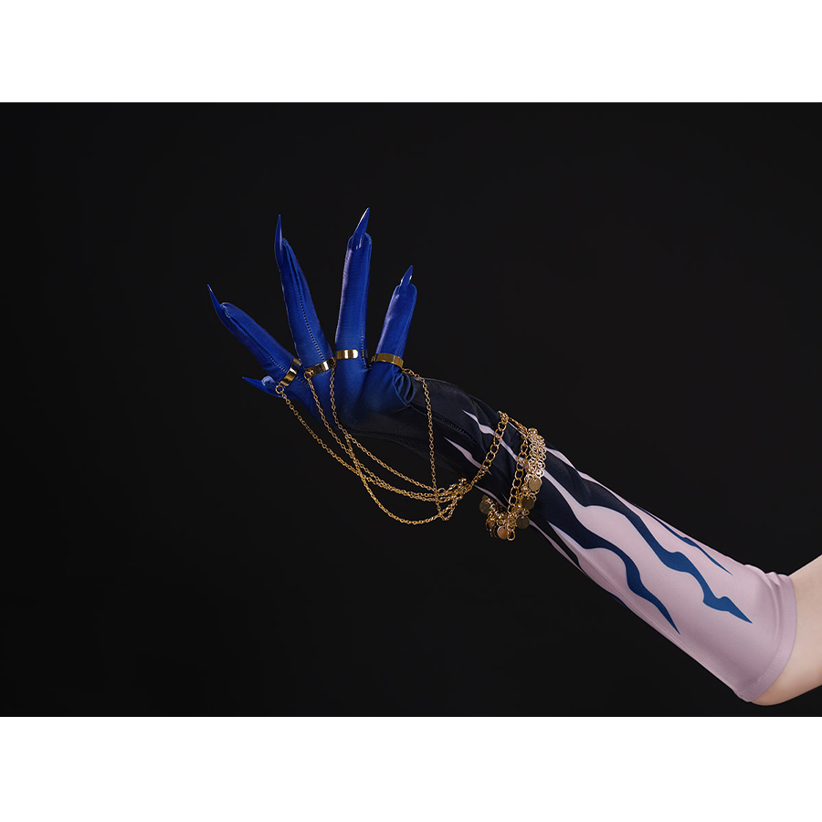 Wuthering Waves Gabrielle Cosplay Costume, deep blue glove, gold finger chain and bracelet.